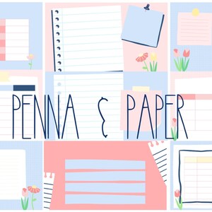 May include: A digital collage of blank paper templates with different grid patterns and lined paper. The text "PENNA & PAPER" is in the centre of the image.