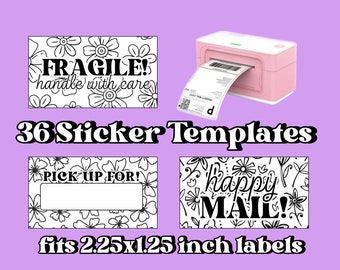 May include: 36 printable sticker templates featuring a floral design. The templates include phrases like "FRAGILE! handle with care", "PICK UP FOR!" and "happy MAIL!" and are designed to fit 2.25x1.25 inch labels.