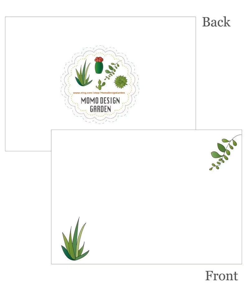 K&ouml;nnte beinhalten: Eine wei&szlig;e Karte mit einer gr&uuml;nen Sukkulenten-Pflanzenillustration auf der Vorderseite und einem Logo f&uuml;r Momo Design Garden auf der R&uuml;ckseite. Das Logo ist ein Kreis mit wei&szlig;em Hintergrund und einer gr&uuml;nen Sukkulenten-Pflanzenillustration im Inneren. Der Text "Momo Design Garden" ist in schwarzen Buchstaben unter der Illustration geschrieben.