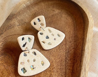 ABALONE trapezoid - cream with shell pieces - statement clay earrings