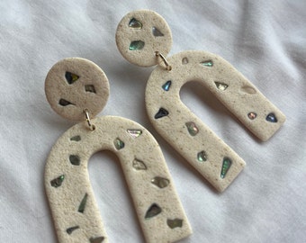 ABALONE arches - cream with shell pieces - statement clay earrings