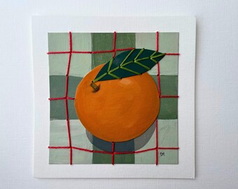 Original Orange Collage and Embroidery Painting