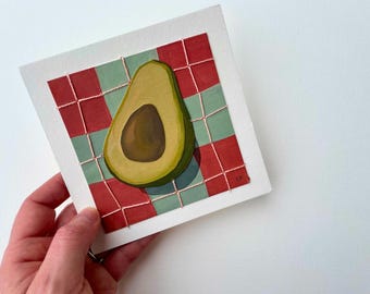 Original Avacado Collage and Embroidery Painting