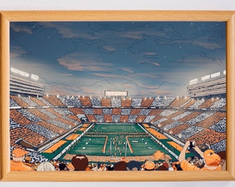 May include: A digital illustration of a football stadium with a crowd of people in orange and white. The stadium is filled with fans and the field is green. The sky is blue and there are stars in the background.