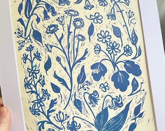 Wildflower Linocut Print: Navy Floral Block Print, Framed Original Art