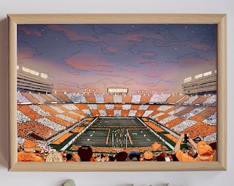 Puede incluir: Una ilustración digital de un estadio de fútbol con una multitud de personas vestidas de naranja y blanco. El estadio está lleno de aficionados y el campo es verde. El cielo es de un color púrpura claro con nubes.