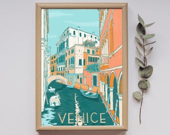 May include: A colorful illustration of a canal in Venice, Italy. The canal is lined with buildings in shades of peach, yellow, and blue. Gondolas are floating on the water. The text "VENICE" is printed in blue and green letters at the bottom of the image.