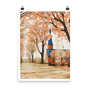 Impresión de otoño de Kenyon College / Póster de Gambier, Ohio, en otoño / Arte mural de dormitorio universitario / Temporada de otoño de Middle Path / Capilla del campus de Kenyon