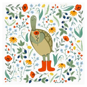 May include: A cartoon turtle wearing red wellies is surrounded by a variety of flowers and plants, including red poppies, yellow daisies, and blue forget-me-nots.