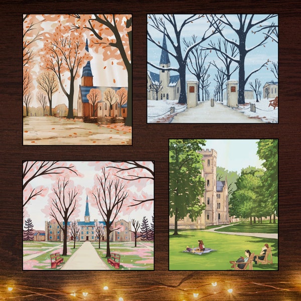 Kenyon College Set of 4 Prints | Summer, Spring, Winter, and Fall Seasons 8x10in | Gambier Ohio Print | College Dorm Wall Art | Middle Path