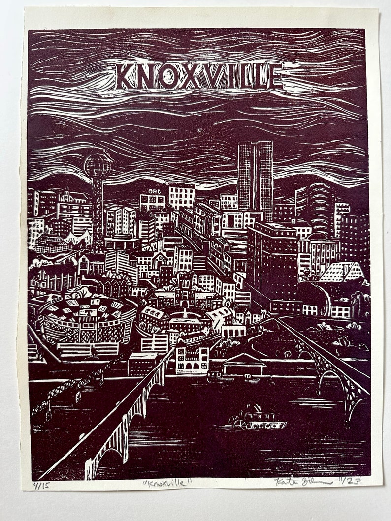 Knoxville Linocut Print Handcarved Block Print of Knoxville, Tennessee