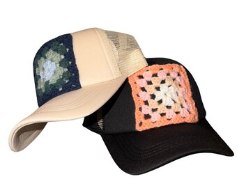 Hand Crocheted Granny Square Trucker Hat