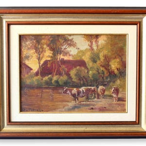 French Pastoral Landscape W/ Cows Oil Painting, Dated 1931