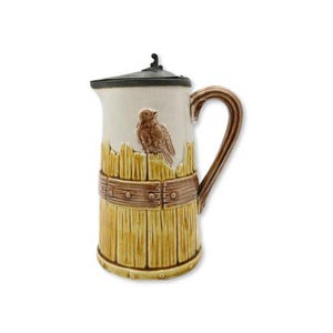 19th-C. English Majolica Barrel Stave w/ Bird Syrup Pitcher