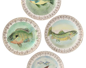 Vintage Transferware Fish Plates w/22K Gold - Set of 4