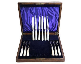 Dated 1928 English Sterling & Mother of Pearl Cutlery Set, Service for Six