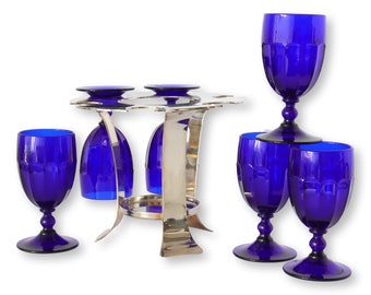 English Silver-Plate Art Deco Style Glassware Rack & Glasses