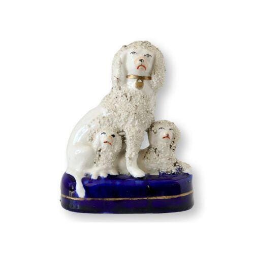 Antique English Staffordshire Rough Coat Poodle w/ Her Pups