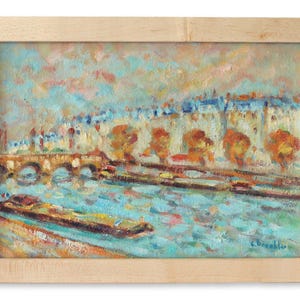 Midcentury Small French Paris Riverboat Painting – Signed