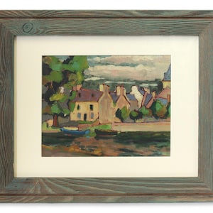 French Village on River Landscape Painting