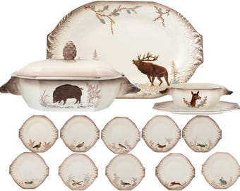 Antique Longwy Hand-Painted Wild Game Faience Dinner Set w/ Boar & Elk