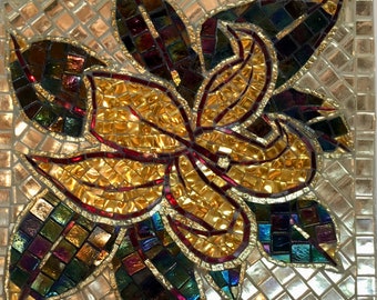 GOLD FLOWER - mosaic art; mosaic wall art flower; mosaikfliesen bilder; picture; glass. mosaic tile; on metal sheet,