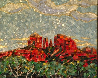 CATHEDRAL ROCK SEDONA 2, Mosaic picture, original, glass mosaic tile, wall art, glass art, landscape, indoor, outdoor