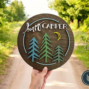 Happy Camper Rustic Green Trees Sign | Camper Decor | RV Sign |