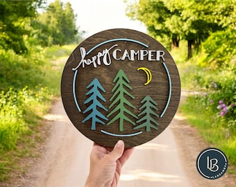 Happy Camper Rustic Green Trees Sign | Camper Decor | RV Sign |