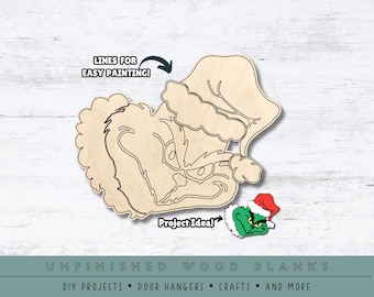 Grinch Face 3 With Hat Smirking | Multiple Sizes | Laser Cut Shapes | Unfinished Wood Blanks | Craft Supplies | Wood Cutouts | Grinch Theme