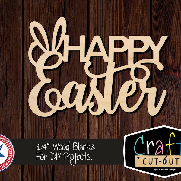 Happy Easter Words Bunny Ears | Wreath Insert | Multiple Sizes | Laser Cut Shapes | Unfinished Wood Blanks | Craft Supplies | Wood Cutouts