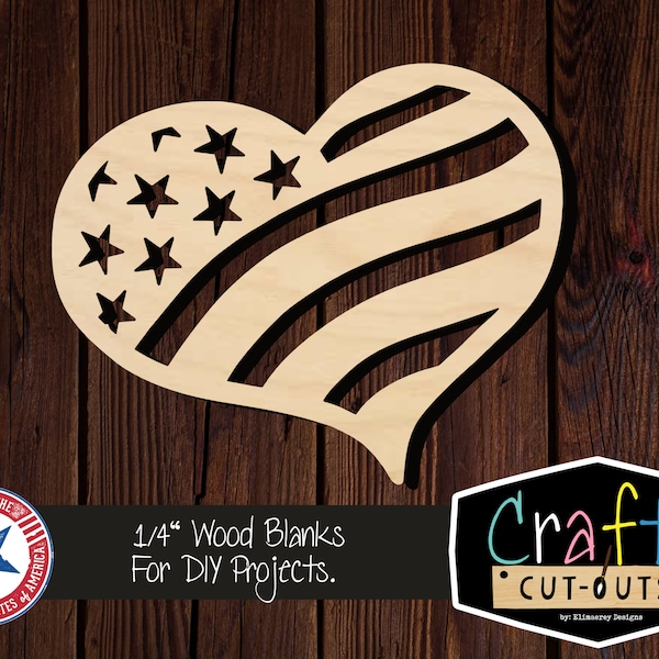 Heart American Flag Wood Shape| Multiple Sizes | Laser Cut Shapes | Unfinished Wood Blanks | Craft Supplies | Wood Cutouts | Tiered Tray
