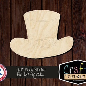 May include: A wooden cutout of a top hat, 1/4 inch thick, for DIY projects. The hat is a light brown color and has a simple design. The text "Crafty Cut-Outs" is visible in the image.