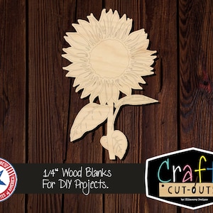 Sunflower With Stem and Leaves Wood Shape | Multiple Sizes | Laser Cut Shapes | Unfinished Wood Blanks | Craft Supplies | Wood Cutouts