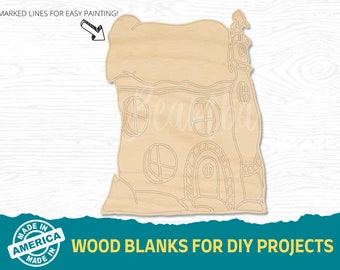 May include: Unfinished wooden cutout of a whimsical house with marked lines for easy painting. The house has a rounded roof, a chimney, and a door with a small window.  The cutout is perfect for DIY projects.