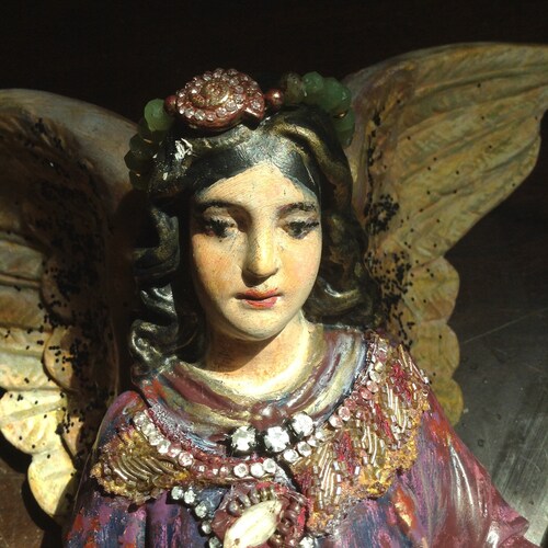 Vintage redecorated plaster chalkware wall hanging shops peace Angel with repair to wing measures 12 inches tall
