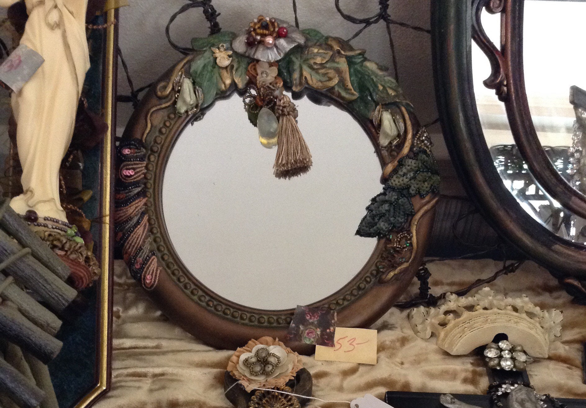 1pc Vintage Rhinestone Pearl Decor Mirror, Double-sided Portable