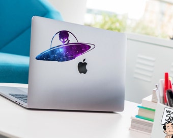 Calcomanía de vinilo OVNI extraterrestre de galaxia, pegatina para portátil