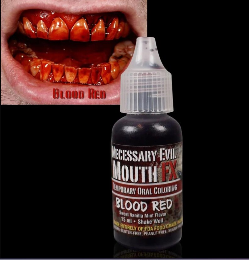 以下が含まれることがあります： バニラミントフレーバーの「Necessary Evil Mouth FX Temporary Oral Coloring Blood Red」と書かれた赤い液体の小さなボトル。ボトルは15mlで、「Shake Well」と「Entirely of FDA Food Grade Gluten Free, Peanut Free, Sugar Free」と記載されています。