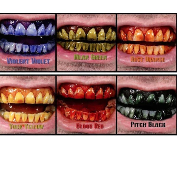 MOUTHFX, zwart, rood, paars, blauw, groen, geel, roze kleur mond en tanden vlek, zoete vanille smaak