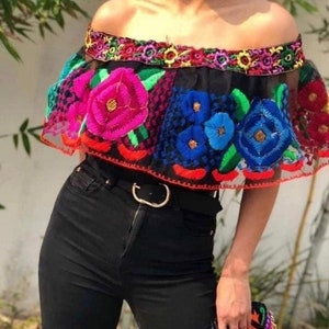 Pre-order Mexican embroidered blouse, off the shoulder blouse, mexican blouse, bohemian colorful shirt, day of the death blouse costume