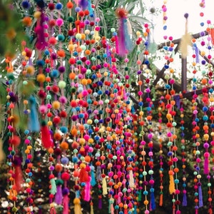 May include: A colourful garland of pom-poms and tassels hangs from a tree branch. The pom-poms are in various shades of pink, purple, blue, green, yellow, and orange. The tassels are in matching colours and add a whimsical touch to the garland.