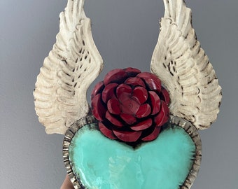 Milagro Sacred Heart with Wings and Flower Wall Decor, Mexican Folk Art