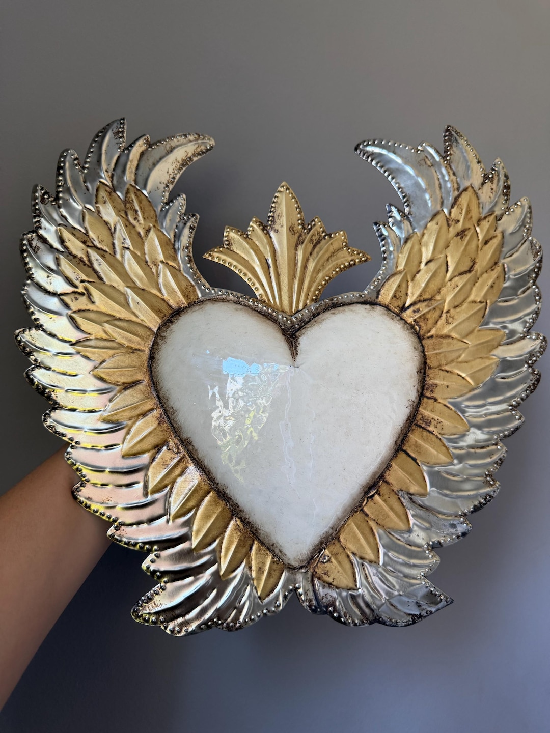 Sacred Heart Milagro Heart With Wings, Antique Mexican Home Decor
