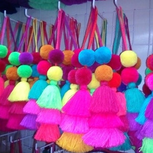 Pom poms and tassels ornament, Christmas fiesta decor, pompon tassels door knob decor, tote tassels, key chain, fiesta decorations