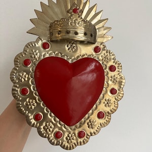 Mexican Sacred Heart Milagro, Crowned Folk Art Wall Decor, Divine Light Symbolism