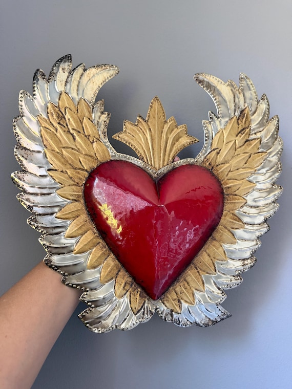 Sacred Heart Milagro Heart With Wings, Antique Mexican Home Decor