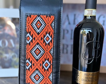 Mexican Embroidered Leather Wine Tote, Handmade in Chiapas