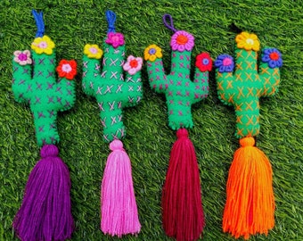 Embroidered Cactus Christmas Ornament, Mexican Fiesta Decor, Tassel Accessory