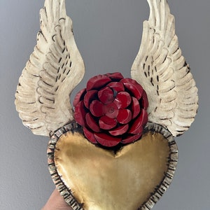 PRE-ORDER Milagro Heart, mothers day gift, wing heart and flower, home decor, Antique Mexican Heart , Catholic Heart,